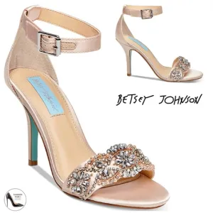 Betsey Johnson Gina Jeweled Ankle Strap Dress Sandals Champagne Satin Heels 9.5