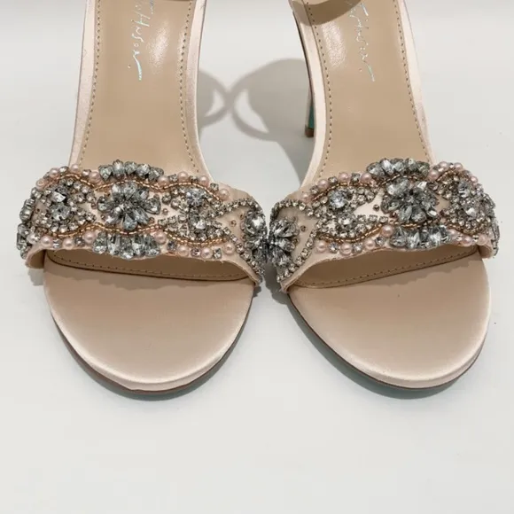 Betsey Johnson Gina Jeweled Ankle Strap Dress Sandals Champagne Satin Heels 9.5