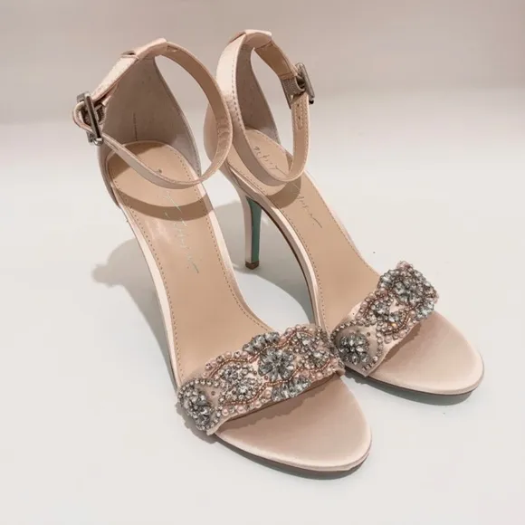 Betsey Johnson Gina Jeweled Ankle Strap Dress Sandals Champagne Satin Heels 9.5