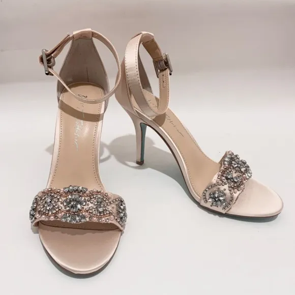 Betsey Johnson Gina Jeweled Ankle Strap Dress Sandals Champagne Satin Heels 9.5