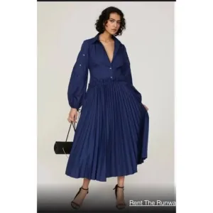 Bibhu Mohapatra Long Sleeve tiered Midi Shirt Dress Size 12 Navy Blue modern