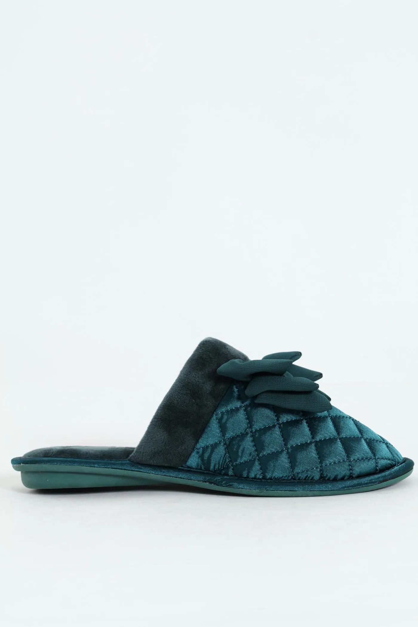Big Bow With Fur Topline Quilted Slipper - Teal
