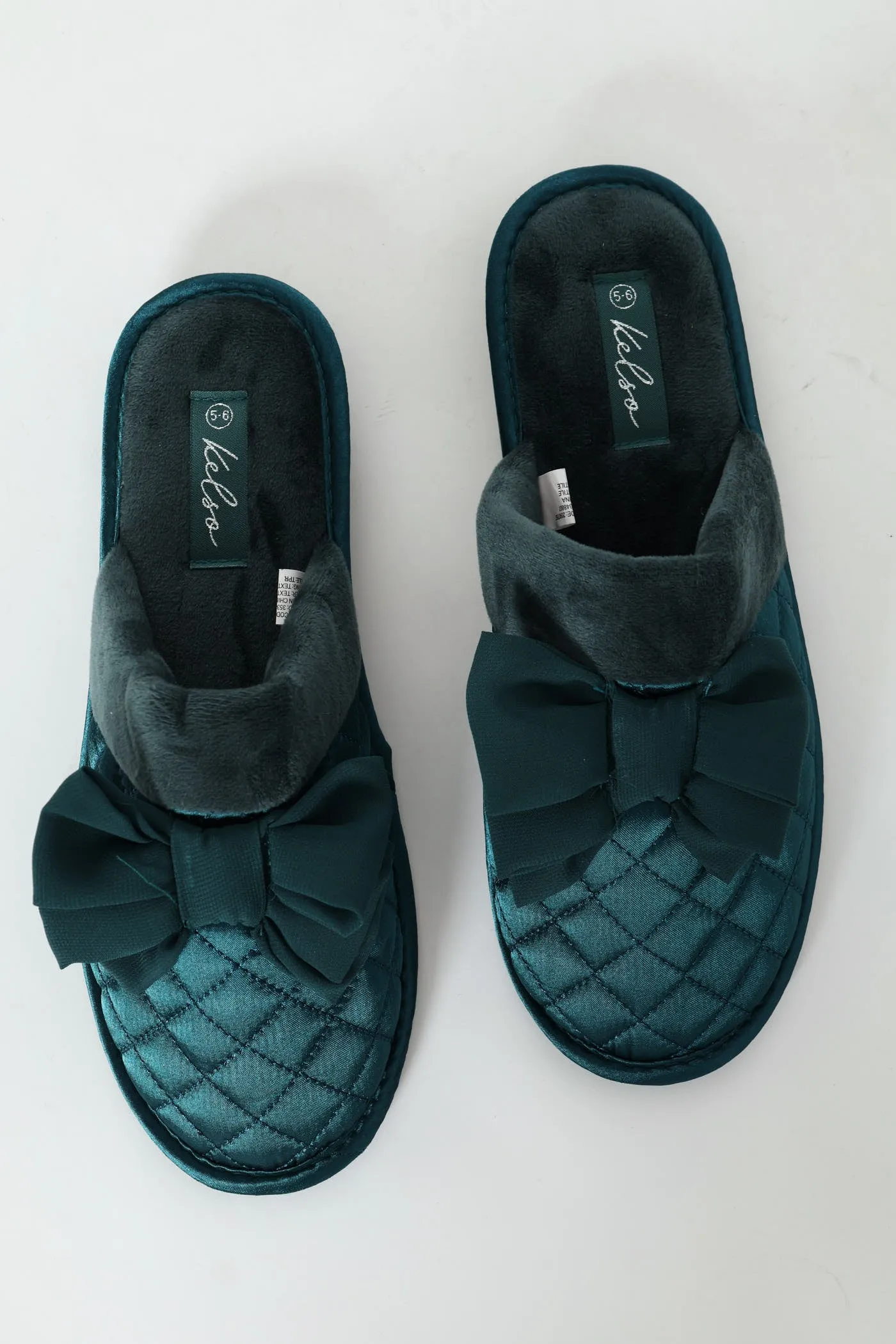 Big Bow With Fur Topline Quilted Slipper - Teal