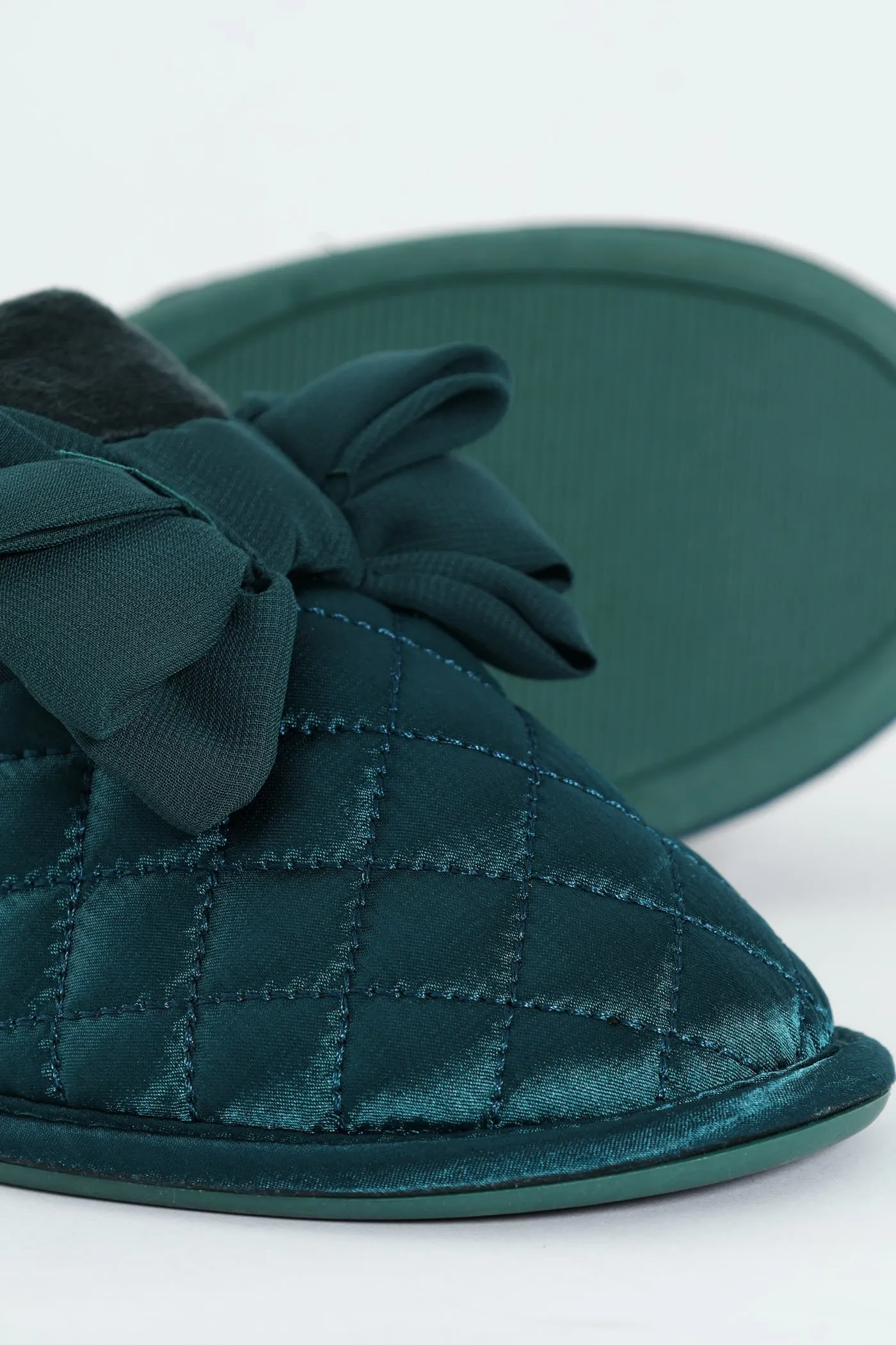 Big Bow With Fur Topline Quilted Slipper - Teal