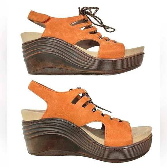 Bionica Women's Ghillie Sirus Wedge Leather Sandals Platform Sz 8 Rust Color NEW