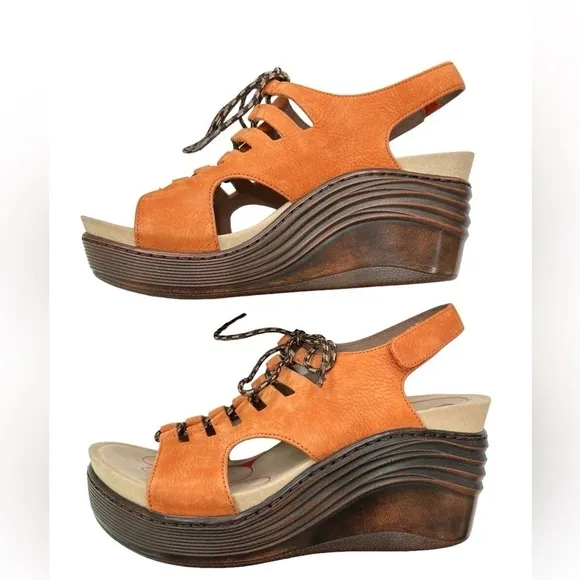 Bionica Women's Ghillie Sirus Wedge Leather Sandals Platform Sz 8 Rust Color NEW