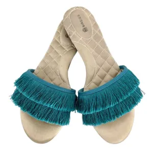 Birdies The Sparrow Fringe Sandals Blue Azure Turquoise Bridal Slippers Size 7