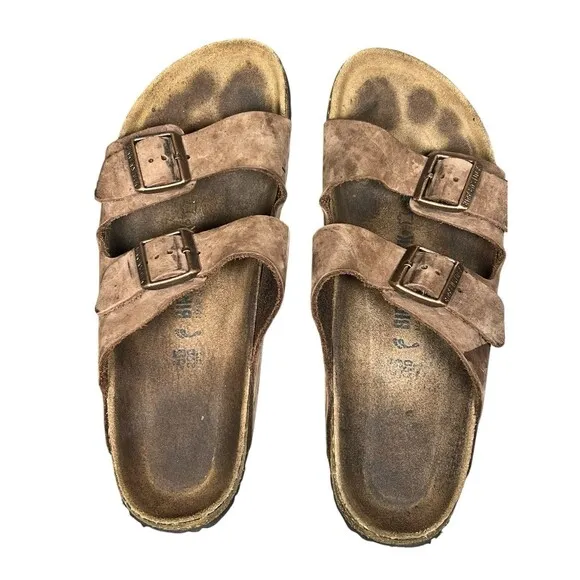 Birkenstock Arizona Sandals 45 Mens 12 Brown Leather Slide Straps Buckle Shoes
