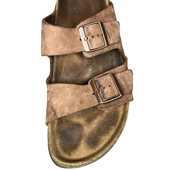 Birkenstock Arizona Sandals 45 Mens 12 Brown Leather Slide Straps Buckle Shoes