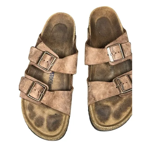 Birkenstock Arizona Sandals 45 Mens 12 Brown Leather Slide Straps Buckle Shoes