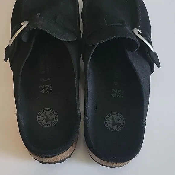 Birkenstock Buckley  Suede Black Buckled Mules Clogs EU 42 Regular Narrow Width