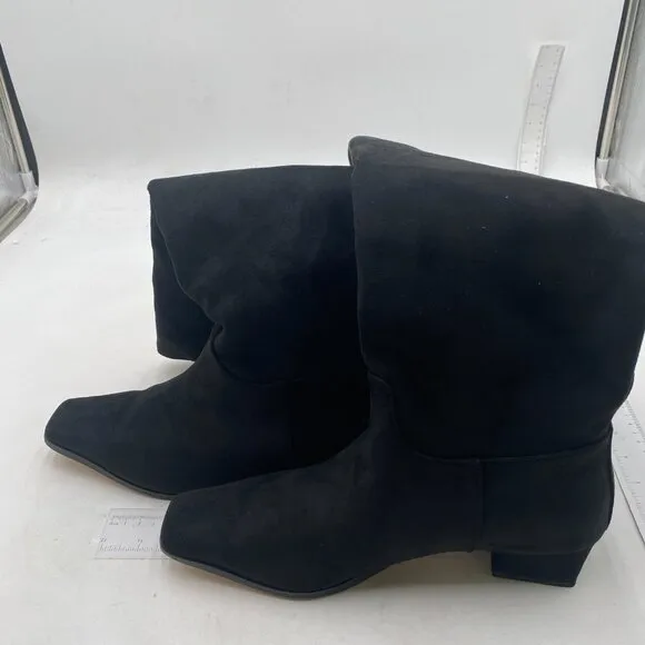 Black Suede Square Toe Knee High Boots Wide Calf Low Chunky Heel Long Boots