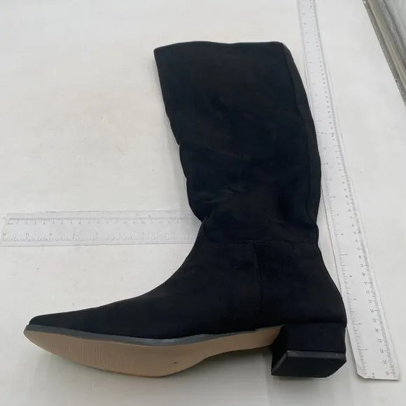 Black Suede Square Toe Knee High Boots Wide Calf Low Chunky Heel Long Boots