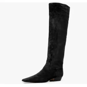 Black Suede Square Toe Knee High Boots Wide Calf Low Chunky Heel Long Boots