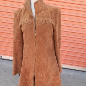 Boho  Tan Suede Zip Front Vtg Sheath Dress Scallop trim Long sleeves , SZ M