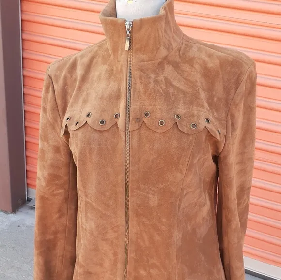 Boho  Tan Suede Zip Front Vtg Sheath Dress Scallop trim Long sleeves , SZ M
