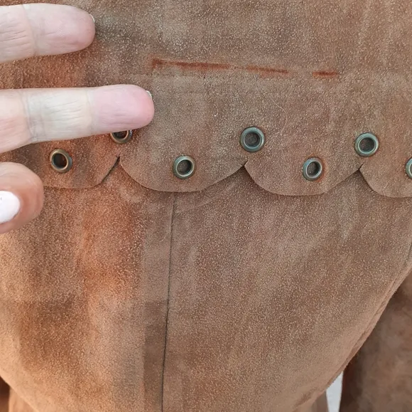 Boho  Tan Suede Zip Front Vtg Sheath Dress Scallop trim Long sleeves , SZ M