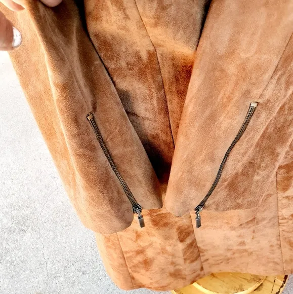 Boho  Tan Suede Zip Front Vtg Sheath Dress Scallop trim Long sleeves , SZ M
