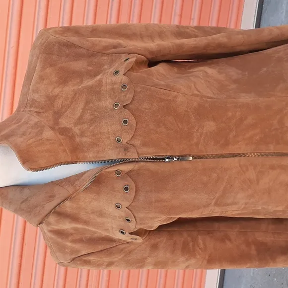 Boho  Tan Suede Zip Front Vtg Sheath Dress Scallop trim Long sleeves , SZ M