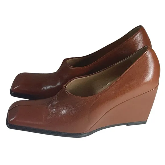 Bolero Italian Cognac Leather Square Toe Wedges Sz 38/US 7 Menswear Office NWOT