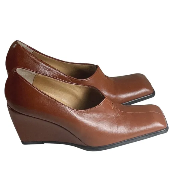 Bolero Italian Cognac Leather Square Toe Wedges Sz 38/US 7 Menswear Office NWOT