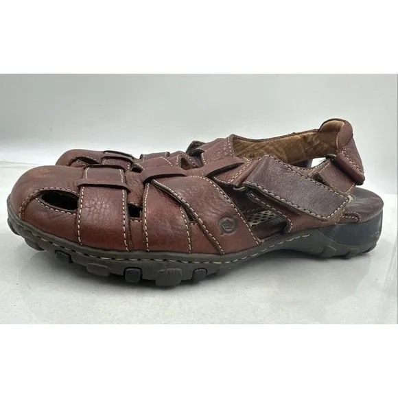 BORN Mens Warm Brown Leather Fisherman Sandals 10M Hook n Loop Summer Shoes