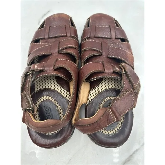 BORN Mens Warm Brown Leather Fisherman Sandals 10M Hook n Loop Summer Shoes