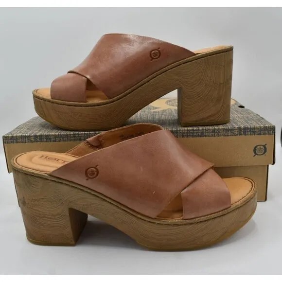 Born Womens Size 11 Pavia Brown Full Grain Leather Heeled Platform Sandals Shoes