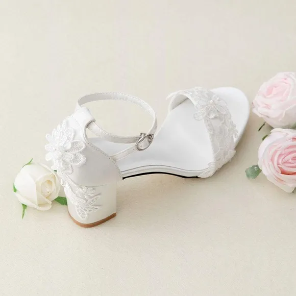 Bridal Open Toe Mid Block Heel Lace Satin Ankle Strap pumps 8.5 New