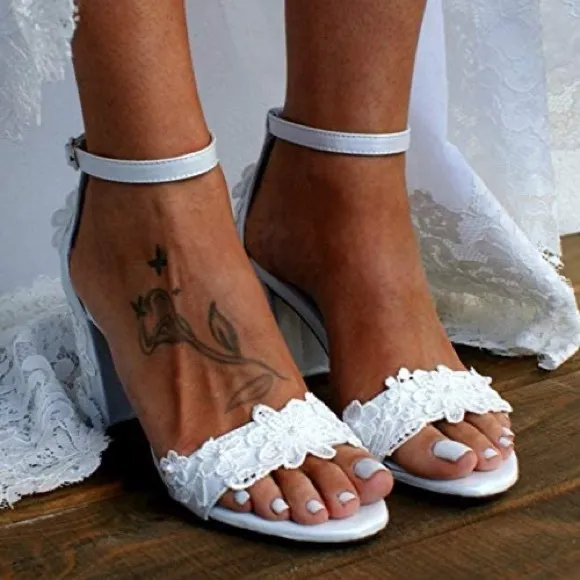 Bridal Open Toe Mid Block Heel Lace Satin Ankle Strap pumps 8.5 New