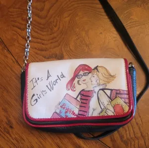 Brighton &quot;It's a Girl World&quot; Black Red Genuine Leather Crossbody Purse Wristlet