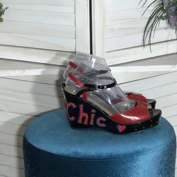 Brighton Fashionista DIVA Platform Shoes Y2K Patent Vegan Leather Black Red 9.5
