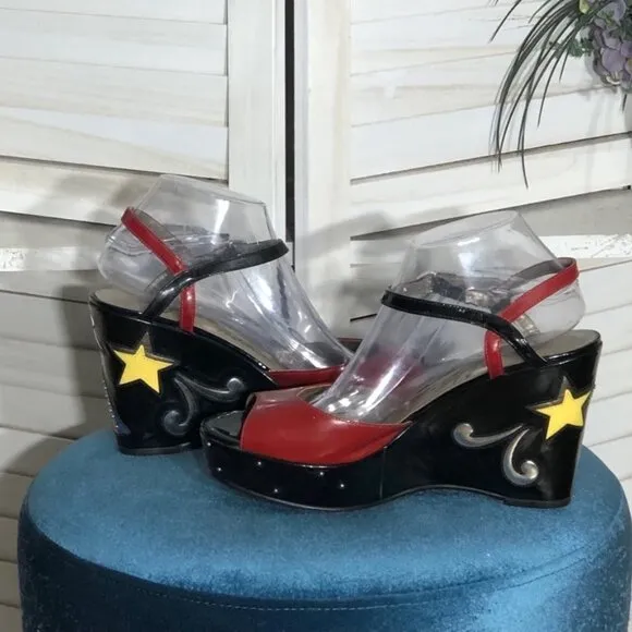 Brighton Fashionista DIVA Platform Shoes Y2K Patent Vegan Leather Black Red 9.5