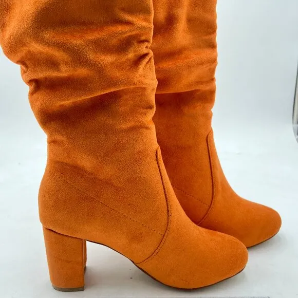 Brown Comfy Stacked Slouch Knee High Boots Pull On Closed Toe Wide Calf Shoe