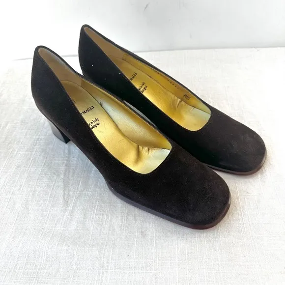 Bruno‎ Magli Vintage Suede Leather Block Heel Pumps Classic Shoes Brown Size 9