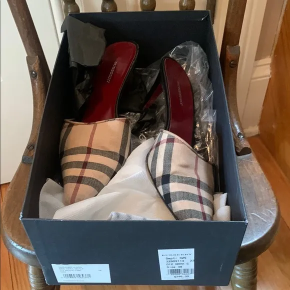 Burberry Nova Check Women's Mid Heel Plaid Mules - Black, Red, &amp; Cream