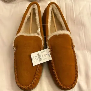 CAMEL COLOR SUEDE SLIPPERS.  NEW WITH TAGS.   FLUFFY, COMFY