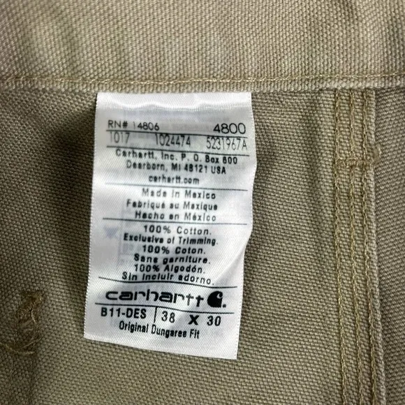CARHARTT Original Fit Washed Duck Dungaree B11DES Size 38x30