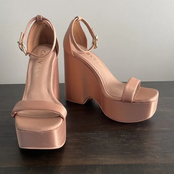 Carvela Nude Beige Sculpt Platform Wedge Satin Sandals Heels Shoes 38.5 NEW