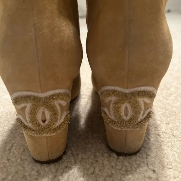 Chanel Camel Suede Peep Toe Ankle Boots.Size 36.5C Made in Italy