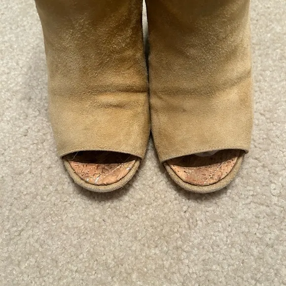 Chanel Camel Suede Peep Toe Ankle Boots.Size 36.5C Made in Italy