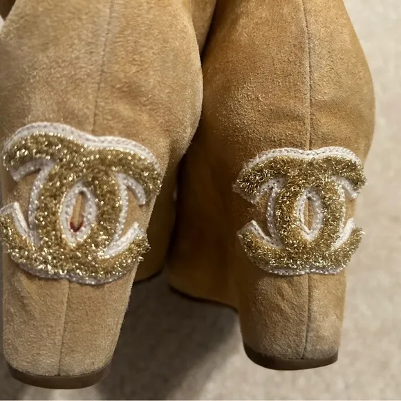 Chanel Camel Suede Peep Toe Ankle Boots.Size 36.5C Made in Italy