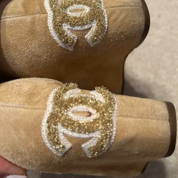 Chanel Camel Suede Peep Toe Ankle Boots.Size 36.5C Made in Italy