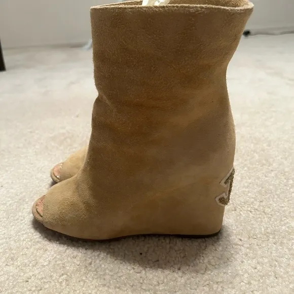 Chanel Camel Suede Peep Toe Ankle Boots.Size 36.5C Made in Italy