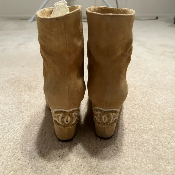 Chanel Camel Suede Peep Toe Ankle Boots.Size 36.5C Made in Italy