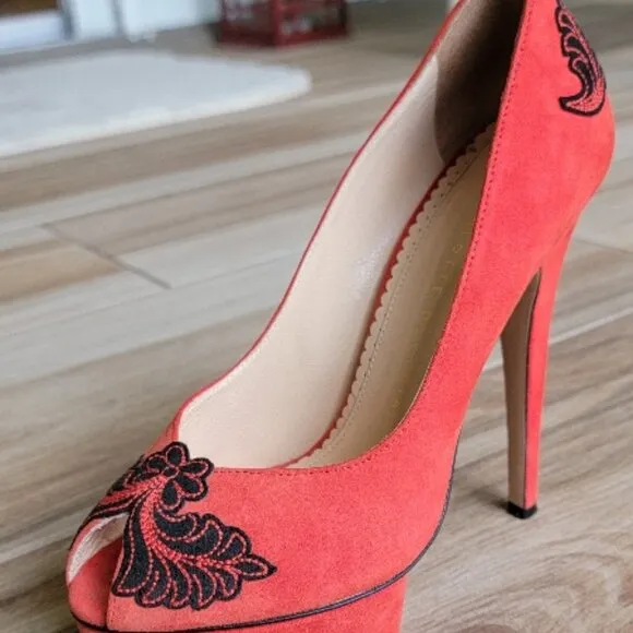 Charlotte Olympia Dolly Platform Red Embroidery Suede Leather Shoes Eur, 36