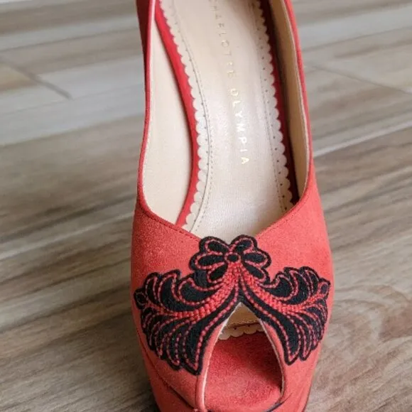 Charlotte Olympia Dolly Platform Red Embroidery Suede Leather Shoes Eur, 36