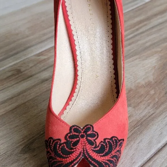 Charlotte Olympia Dolly Platform Red Embroidery Suede Leather Shoes Eur, 36