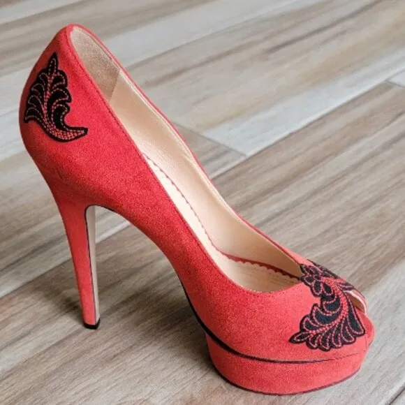 Charlotte Olympia Dolly Platform Red Embroidery Suede Leather Shoes Eur, 36