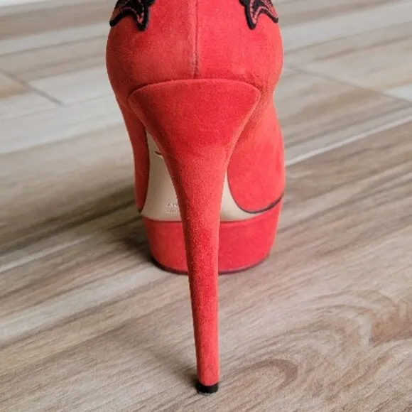 Charlotte Olympia Dolly Platform Red Embroidery Suede Leather Shoes Eur, 36